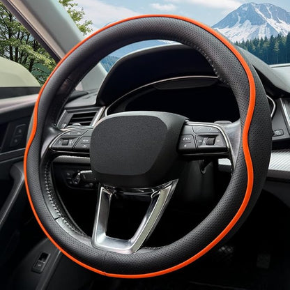 HAOTULE Leather Steering Wheel Cover， with Anti-Slip Stripe Design - Enhanced Grip, Fashion Style, Safe, Non-Slip, Breathable. Upgrade car Interior，Orange