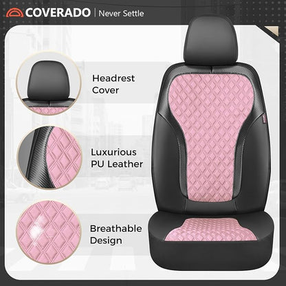 Coverado Car Seat Covers Full Set, Pink Car Seat Covers, Luxury Leather Car Seat Cover with Carbon Fiber Textured Design, Spill-Proof Seat Cushions, Automotive Seat Cover Universal Fit Most Cars