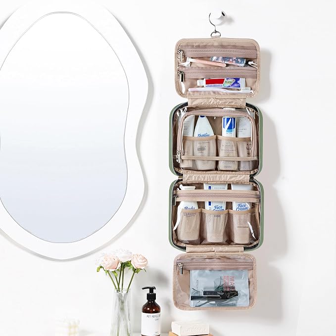 NISHEL Travel Toiletry Bag for women, Portable Hanging Organizer for Travel-Sized Shampoo, Conditioner, Brushes Set, Makeup Accessories, Medium Size, Purple, Bronze Green