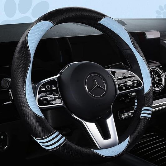 HighnessHwoo Car Steering Wheel Covers for Women Padded Carbon Fiber PU Leather Cute Auto Interior Accessories for Vehicle, Sedan, Universal, Anti Slip, Blue, Standard Size, 14.75-15.15in