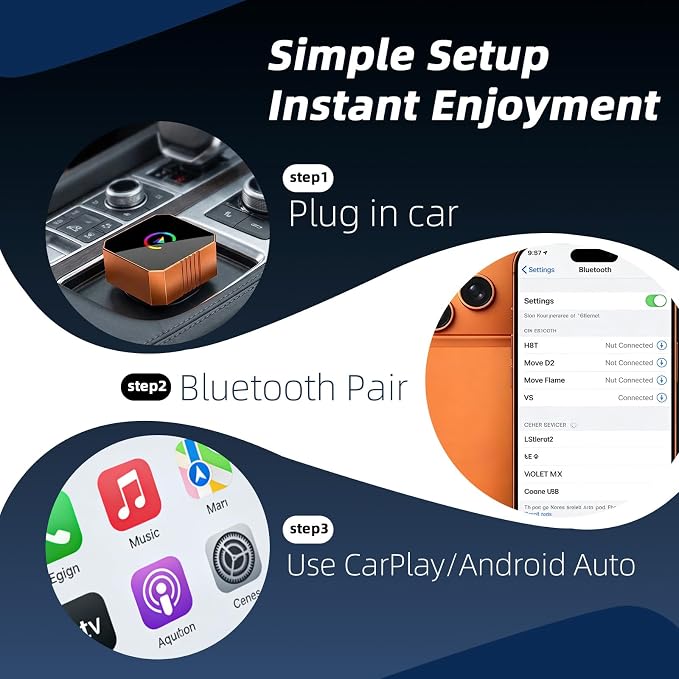 2026 Mini Wireless Carplay Adapter, Upgrade Wired to Wireless for Carplay & Android Auto, Plug And Play, Fast Auto-Reconnect Stable Control, Zero Delay Car Play for Iphone Ios 10+, Android 11+, Orange