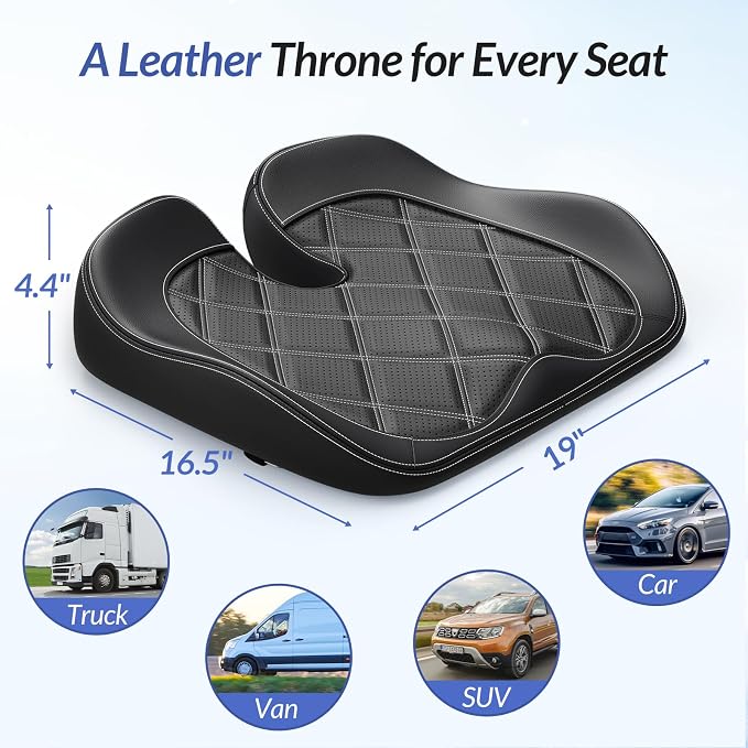 ZIKEE Leather Car Seat Cushion for Driving Relieves Tailbone & Thigh Pain, Ergonomic Dual Memory Foam Seat Cushion for Car, Raised Back for Wider Vision, Rub-Resistant & Easy-to-Clean Cover, Non-Slip
