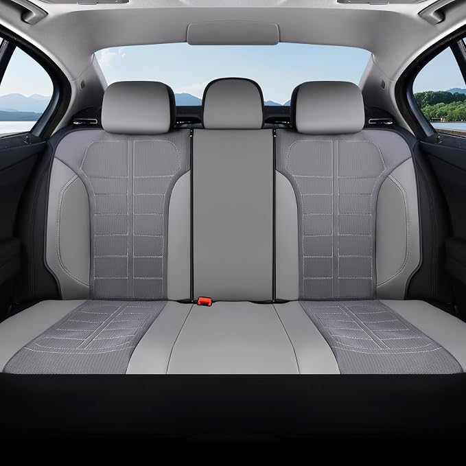 Coverado Leather and Air Mesh Seat Cover, Car Seat Cover Rear Seats, 3D Breathable Seat Protectors Sports Carbon Fiber Design Airbag Compatible Comfort Universal for Most Cars, Van,Trucks, SUV, Grey