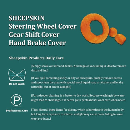 Fluffy Genuine Sheepskin Steering Wheel Cover Set for Women Parents-Fuzzy Soft Australian Merino Wool Wrap with Gear Shift and Hand Brake Covers, Cozy Stylish Luxury Car Accessories (Black)