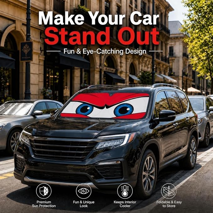 Car Windshield Sun Shade, Funny Cartoon Eyes Large Foldable Front Window Sunshade, UV Heat Protection Windshield Cover Universal Fits Full-Size Pickup Truck SUV - 63 x 33.86