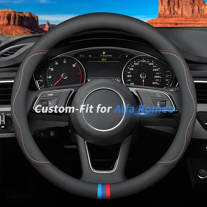 Custom-Fit for Alfa Romeo Steering Wheel Cover, Premium Leather Car Steering Wheel Cover with Logo, Non-Slip, Breathable (C-Style,for Alfa Romeo)