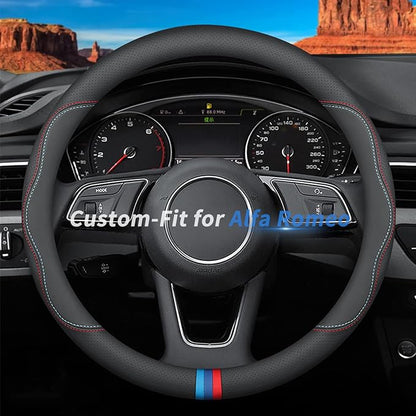 Custom-Fit for Alfa Romeo Steering Wheel Cover, Premium Leather Car Steering Wheel Cover with Logo, Non-Slip, Breathable (C-Style,for Alfa Romeo)