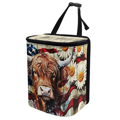Talayituse Highland Cattle Daisy Print Car Trash Can with Lid, American Flag Wood Leak Proof Auto Trash Bag Hanging Vehicle Garbage Can Multipurpose Storage Container for Back Seat Road Trip