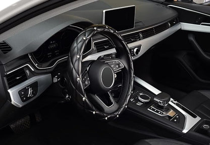 KAFEEK Diamond Soft Leather Steering Wheel Cover with Bling Bling Crystal Rhinestones, Universal 15 inch Anti-Slip, Car Interior Accessories for Women Girls, Black