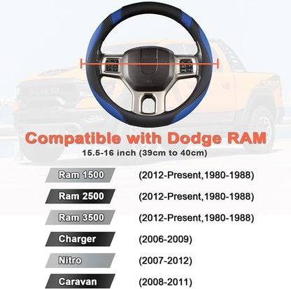 West Llama Customized Auto Car Steering Wheel Cover for Dodge RAM 1500 2500 3500, 15.5-16 inch (Black+Blue-Large Size)