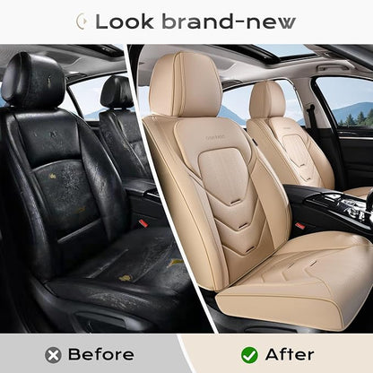 Coverado Car Seat Cover Full Set, Front and Rear Seat Cover for Car, Leather Car Seat Protector, Beige Universal Seat Covers, Waterproof Car Seat Cushion, Automotive Seat Covers Fit for Most Vehicles