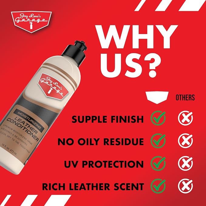 Jay Leno's Garage Car Leather Conditioner and Auto Leather Care - Professional Leather Conditioner for Car Seats, Nourishes Protects & Restores, Lanolin & Beeswax Formula, Non-Greasy Finish (16 oz)