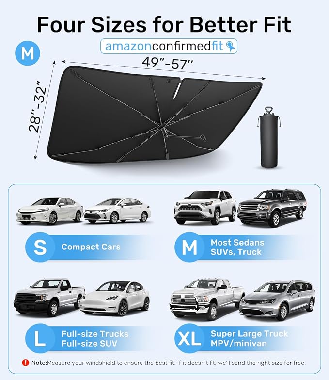 Zanch 2026 Upgraded Car Windshield Sun Shade [Cool Down by 75℉ ] with Heat Insulation Coating, Foldable Sunshade Umbrella Flexible Handle & Ribs, Medium (57''x32'') for Car, SUV, Truck, Van