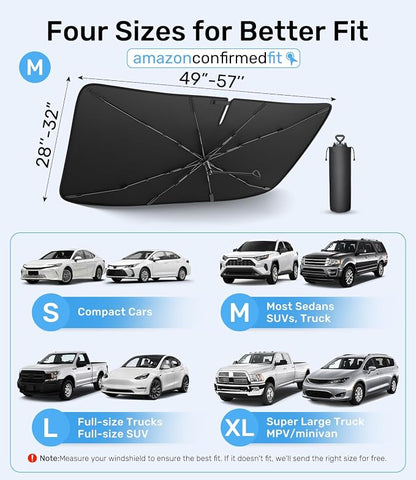 Zanch 2026 Upgraded Car Windshield Sun Shade [Cool Down by 75℉ ] with Heat Insulation Coating, Foldable Sunshade Umbrella Flexible Handle & Ribs, Medium (57''x32'') for Car, SUV, Truck, Van