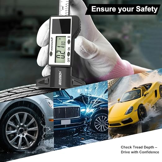 GODESON Digital Tire Tread Depth Gauge -Reads 32NDS, Inch & MM/Solar/Battery Hybrid Power/1" (25.4mm) Range/Accurate Tire Thread Depth Gauge Tool Suitable for Cars, Trucks, Motorcycles
