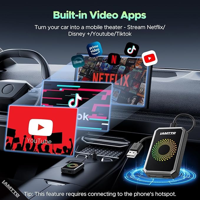 LAMTTO 3-in-1 Magic Video Box for Streaming Netflix/YouTube/TikTok, Wireless Carplay Adapter Dongle with USB Drive for OEM Wired Apple Car Play and Android Auto Cars