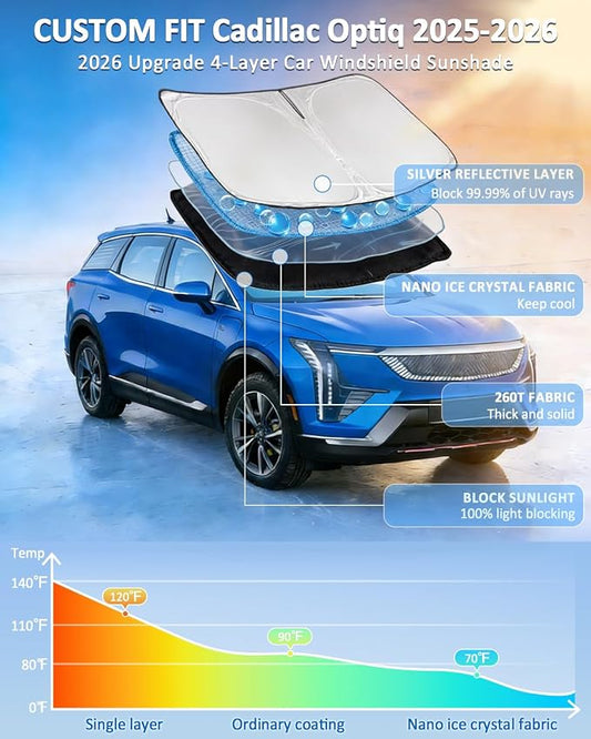 Windshield Sunshade for Cadillac Optiq 2025-2026 Sun Shade Car Windshield Accessories Upgrade 4 Layers Blocks UV Rays Custom Fit Optiq 240T Car Window Shades Front Windshield Keep Cool Foldable