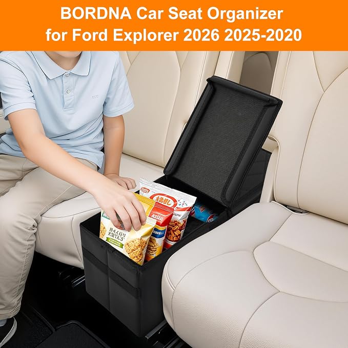 Car Seat Organizer for Ford Explorer 2026 2025 2024-2020 w/Built-In Cooler Bag, Car Second Console Organizer w/Non-Slip Strips, Car Backseat Organize for Dog Toys Kids Snacks Travel Storage Box