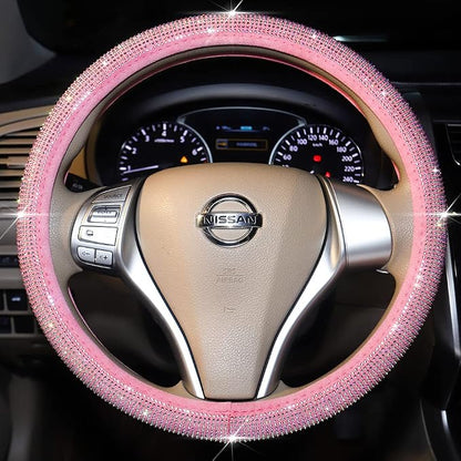 Carwales Pink Bling Steering Wheel Cover for Women Sparkly Rhinestone Bedazzled Car Accessories Diamond Cute 15.5-16 inch for Large Size Steering Wheel