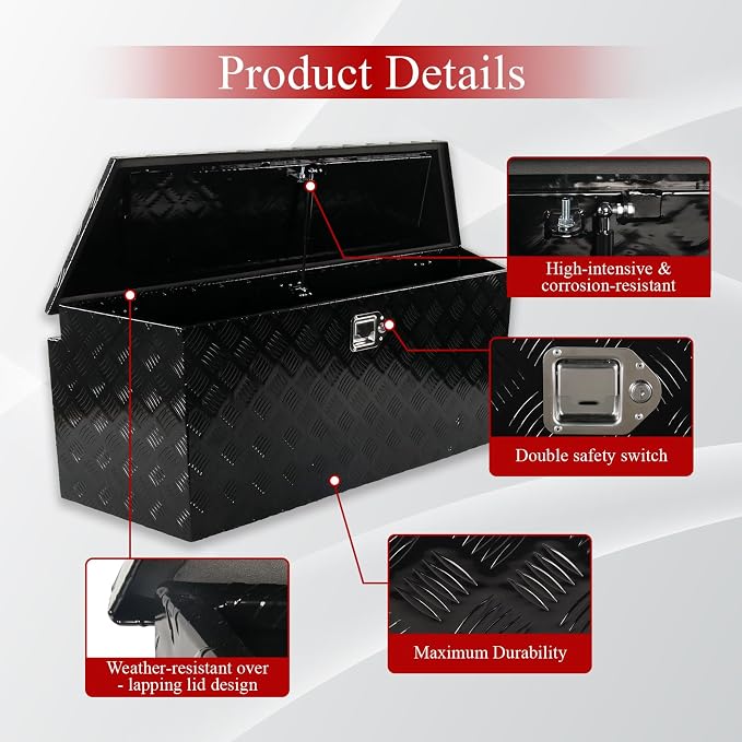 49''Inch Aluminum Trailer Tongue Tool Box Truck Bed Toolbox Truck Trailer Chest Box Underbody Storage Organizer Waterproof Square Storage Organizer w/Lock & Keys Black(‎49" Lx15 Wx18.5 H)