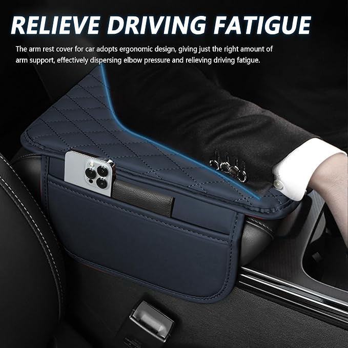 Stacool Upgraded Car Center Console Cover,Microfiber Leather Car Armrest Cover Cushion with 2 Storage Bags,Universal Car Armrest Storage Box (Blue)