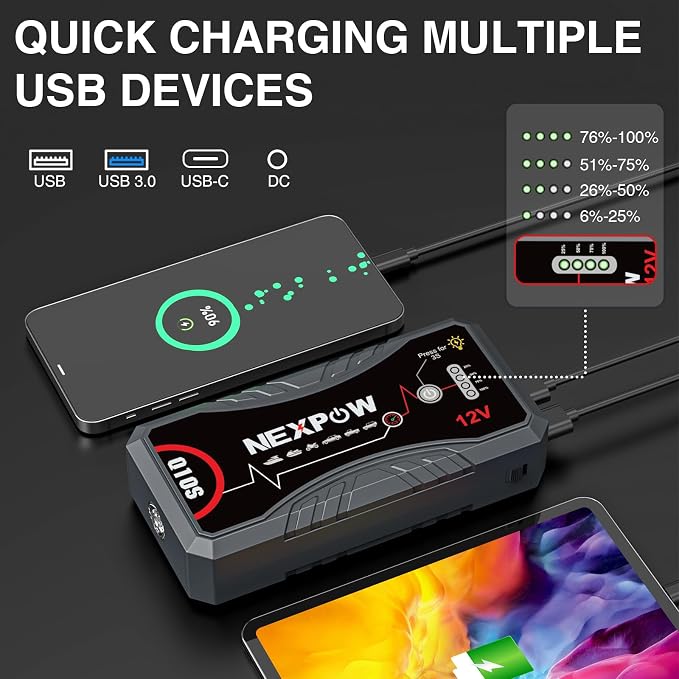 NEXPOW Car Jump Starter 2026 Upgraded Car Battery Jump Starter Pack 3000A Peak for Up to 9.0L Gas and 7.0L Diesel Engine 12V Auto Battery starter Jumper Cables Portable Lithium Jump Box with USB QC3.0