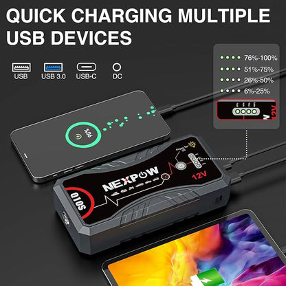 NEXPOW Car Jump Starter 2026 Upgraded Car Battery Jump Starter Pack 3000A Peak for Up to 9.0L Gas and 7.0L Diesel Engine 12V Auto Battery starter Jumper Cables Portable Lithium Jump Box with USB QC3.0