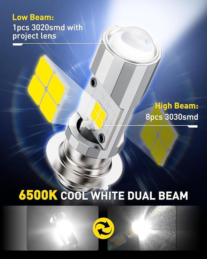 AUXITO H6M P15D LED Motorcycle Light Bulbs Hi/Lo Beam T19 H6 6500K Cool White 5000LM for ATVS UTVS, Plug and Play, Pack of 2
