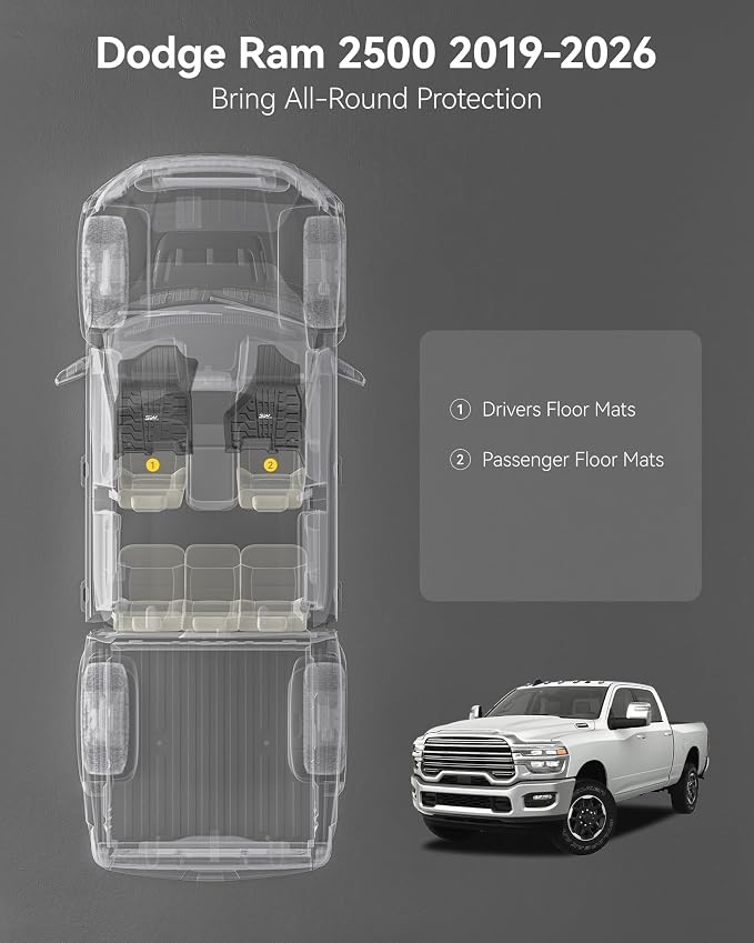 3W Floor Mats for 2019-2025 2026 Dodge Ram 2500/3500 Crew Cab, All Weather TPE Custom Fit Dodge Ram 2500/3500 Floor Liners 1st Row (for Carpet Floor), Front Row,2-pc Black