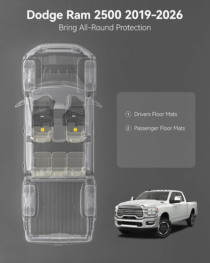 3W Floor Mats for 2019-2025 2026 Dodge Ram 2500/3500 Crew Cab, All Weather TPE Custom Fit Dodge Ram 2500/3500 Floor Liners 1st Row (for Carpet Floor), Front Row,2-pc Black