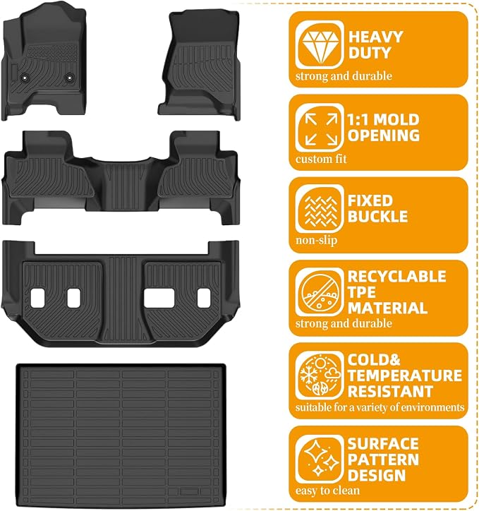 Floor Mats for Chevy Suburban 2015-2020, for GMC Yukon XL(with 2nd Row Bench), 7 Seats, 1st & 2nd & 3rd Row &Cargo Mat, TPE Non-Slip Waterproof Summer Winter Chevrolet Suburban Car Accessories