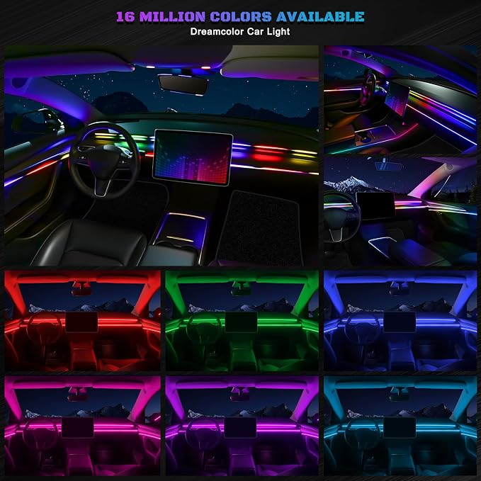 Dreamcolor Acrylic Interior Car LED Strip Light with Wireless APP, RGB 6 in 1 with 175 inches 593 LEDs Fiber Optic Strip Lights for Car, Music Sync Neon Car Ambient Neon Lighting Kits