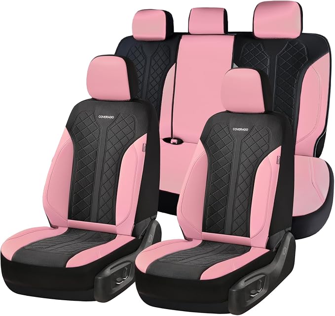 Coverado Automotive Seat Covers Full Set, Luxury Car Seat Covers, Leather Seat Covers, Mesh Design, Pink Driver Seat Protectors, Universal Fit for SUVs, Trucks, Sedans