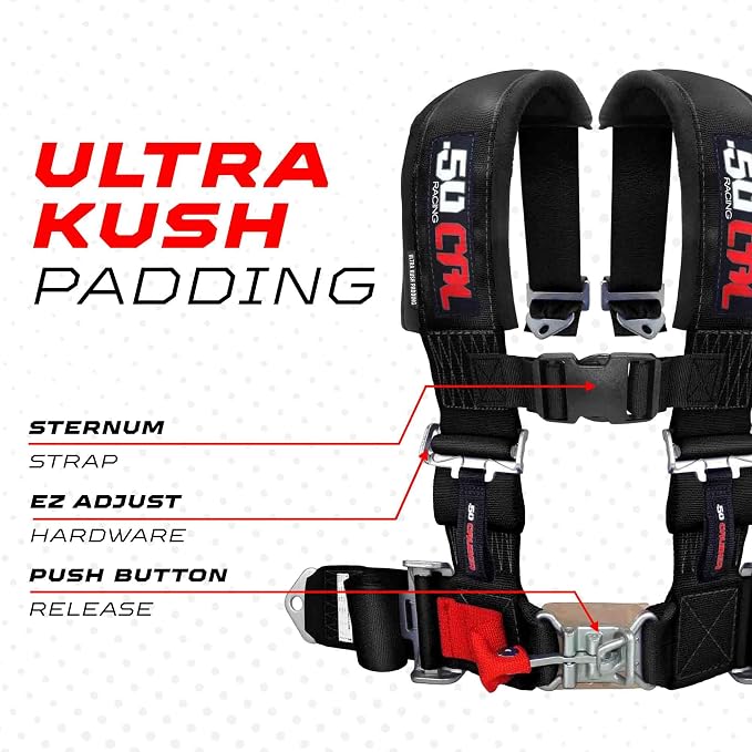 50 Caliber Racing 4 Point Harness - Ultra Kush Padding Safety Restraint System for UTV ATV SXS - Quick Release Latch - 9 Colors Available - Professional Grade [6008] 1pc Black