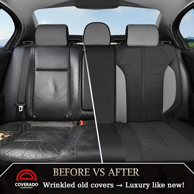 Coverado Leather and Air Mesh Seat Cover, Car Seat Cover Rear Seats, 3D Breathable Seat Protectors Sports Carbon Fiber Airbag Compatible Comfort Universal for Most Cars, Van,Trucks, SUV, Black&Grey