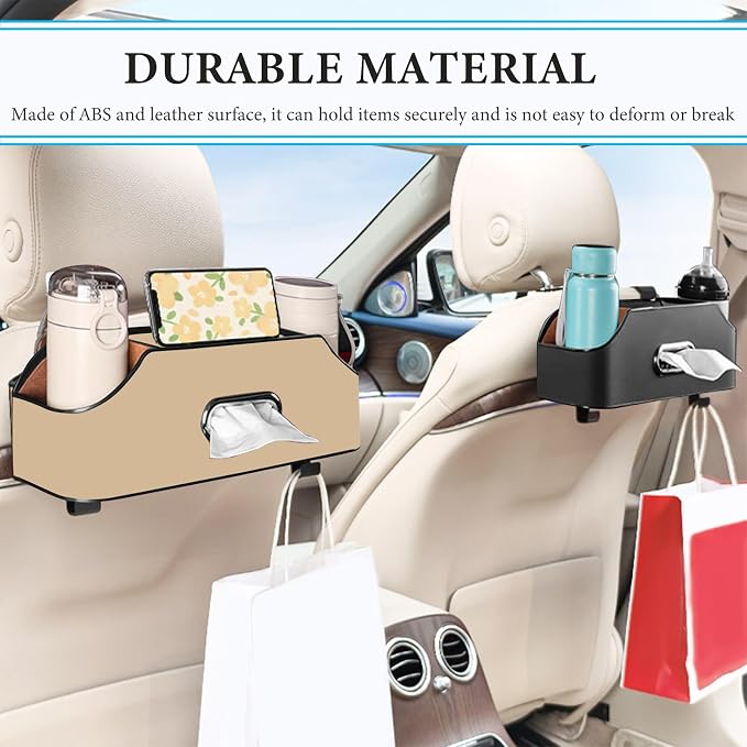 Car Seat Back Organizer with 2 Drink Cup Holder, Headrest Rear Seat Storage Organizer with Tissue Box and Hook, Multi-Functional Backseat Hanging Storage Box for Kids Travel (Black)