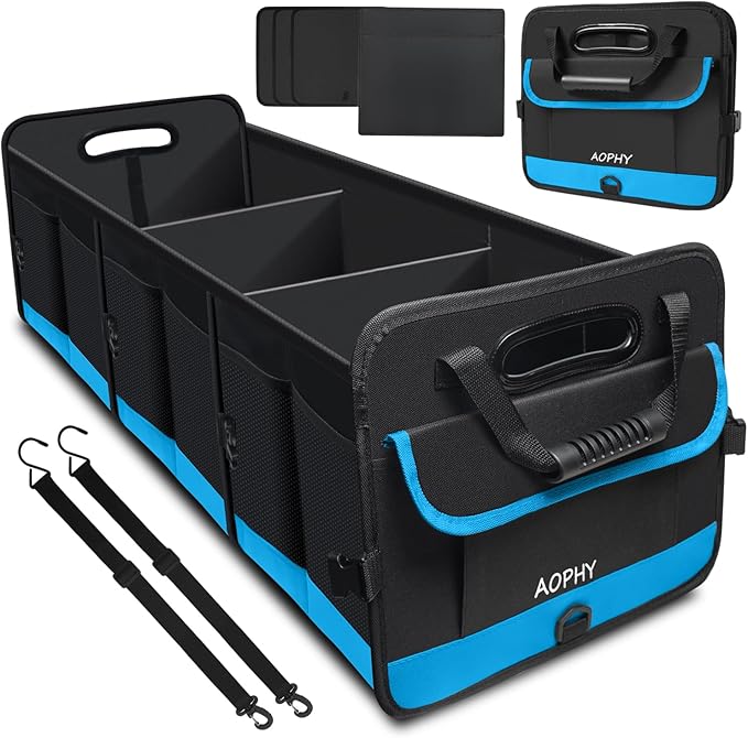 AOPHY Trunk Organizer for Car, Car Storage Organizer with 2 adjustable straps, 95L Large Capacity Cargo Organizer for Suv, Truck, Sedan, Waterproof Portable Car Organizers for Women Men（Blue）