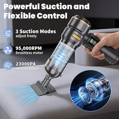 23000PA Portable Cordless Car Vacuum Cleaner,with Digital Display and 3-Speed Suction,Mini Handheld Vacuum for Car,LED Light,One-Touch Dust Emptying,Multiple Functions and Fast Charging
