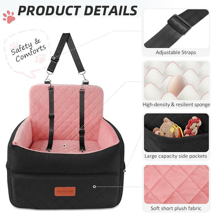 HEGGCOOE Dog Car Seat for Small Medium Dogs, Memory Foam Puppy Dog Booster Seat with Thick Cushion for Dogs Under 35lbs, Detachable Washable Pet Car Seat Travel Bed with Storage Pockets,2 Safety Belts