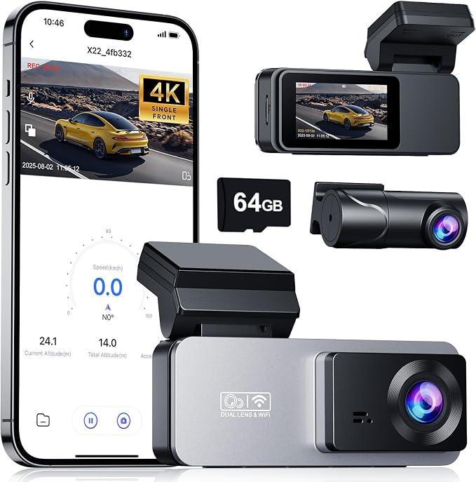 Dash Cam Front and Rear, 4K Front Dash Cam, 3K+1080P Dual Dash Camera for Cars, Built-in WiFi, Car Dashcams with Night Vision, Free 64GB Card, 24H Parking Mode, App Control, Silvery