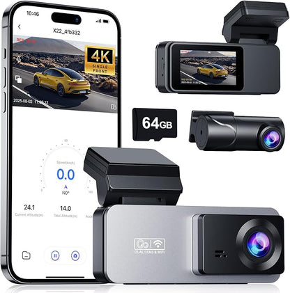 Dash Cam Front and Rear, 4K Front Dash Cam, 3K+1080P Dual Dash Camera for Cars, Built-in WiFi, Car Dashcams with Night Vision, Free 64GB Card, 24H Parking Mode, App Control, Silvery