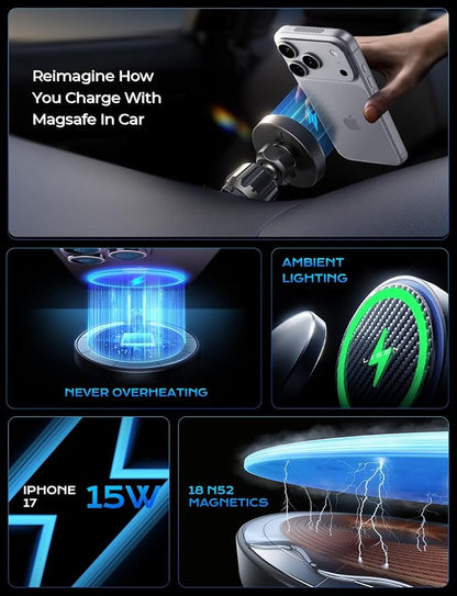 LISEN 15W MagSafe Car Mount Charger,[Carbon Fiber] Magnetic Wireless Car Charger, Dashboard & Air Vent Car Phone Mounts, Magnetic Phone Holder for Car Mount for iPhone 17/16/15/14/13/12, Samsung Pixel | Carbon Fiber 15W Magsafe Car Mount Charger, 2 in ...