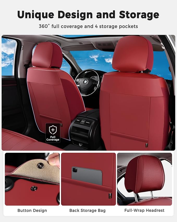 Huidasource Red Seat Covers, Luxury Faux Leather Car Seat Covers, Velcro Adjustable, with Airbags, Child Seat, Perforation Cooling＆Heating, Universal Fit for Most Cars, Vans, Trucks, SUVs, Red