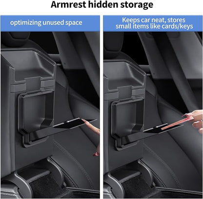 Center Console Organizer Tray for Tesla Model Y Juniper 2025-2026&Tesla Model 3 Highland 2024-2026, Black Storage Box Set with Cup Holder and Camera Cover, 2 Compartments