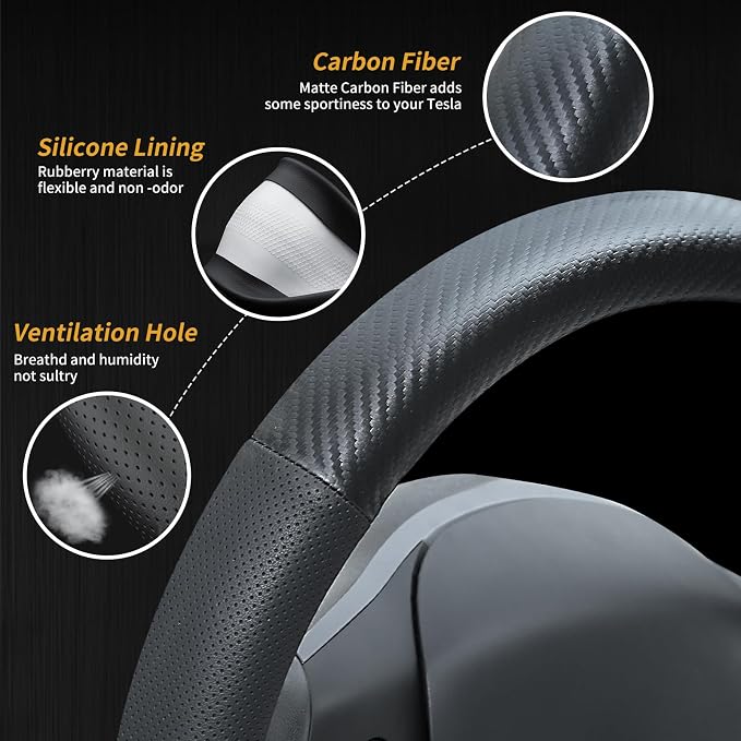 Uxcer Carbon Fiber Leather Steering Wheel Cover for Tesla Model 3/Y 2016-2025 2026 Juniper/Highland, Non-Slip Breathable Steering Wheel Protector for Tesla Model 3/Y Accessories 2026