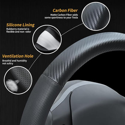 Uxcer Carbon Fiber Leather Steering Wheel Cover for Tesla Model 3/Y 2016-2025 2026 Juniper/Highland, Non-Slip Breathable Steering Wheel Protector for Tesla Model 3/Y Accessories 2026