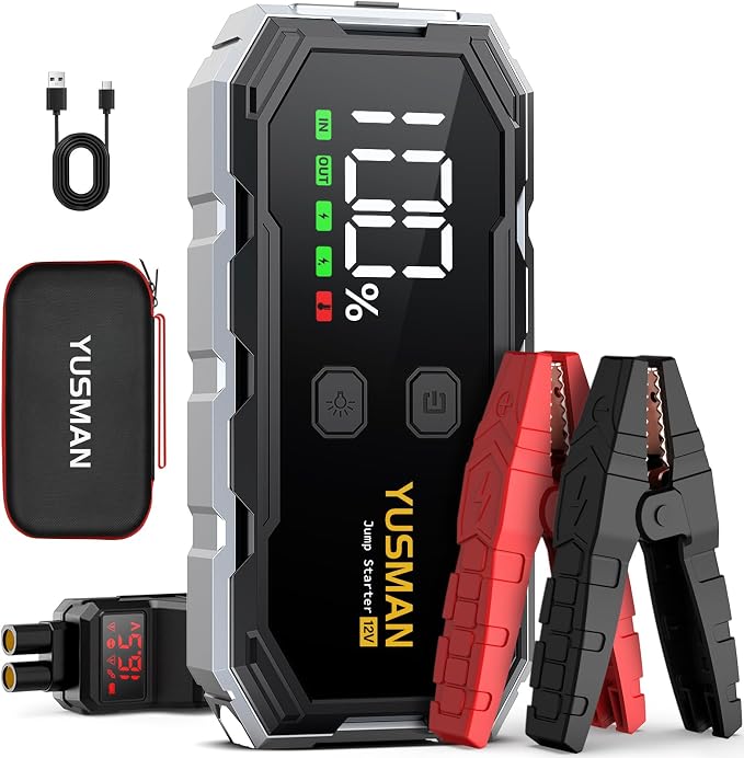 YUSMAN Car Jump Starter, 8000A 12V Jump Battery Pack (All Gas/10.0L Diesel), Portable Jump Starter with Display, Car Jump Starter with Extended Smart Cables, Quick Charge 3.0, LED Light