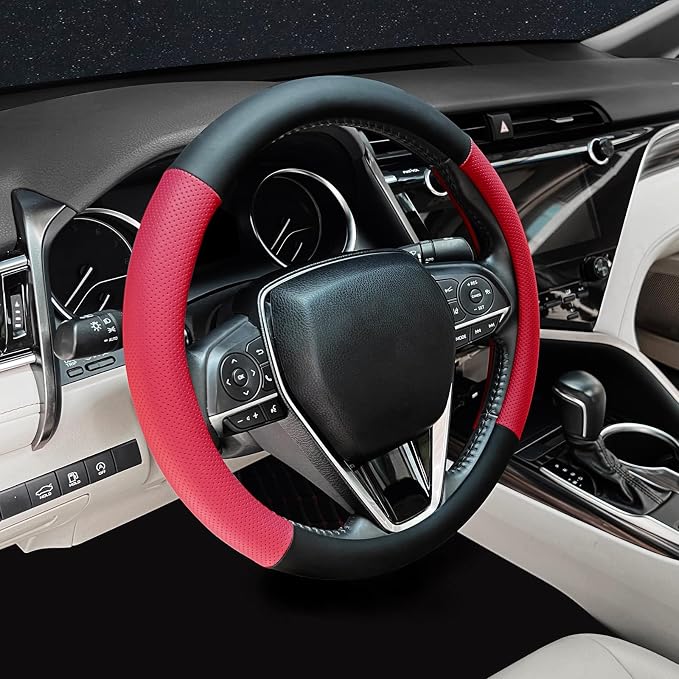 Steering Wheel Cover Standard Size 14.5-15 inch, Non-Slip Car Wheel Cover Protector, Non-Folding Packaging, Microfiber Leather, Black and Red