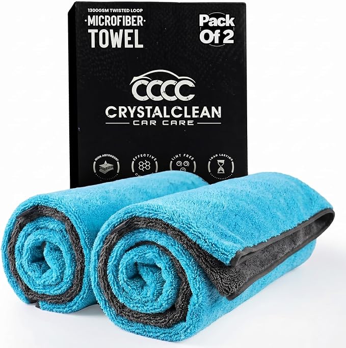 Crystal Clean 1300GSM Microfiber Towels for Cars – XL Drying Towel with Double Twisted Loop, Professional Detailing Towel Car Detailers - Quick Dry, Paint Safe & Swirl-Free (2 Pack Blue)