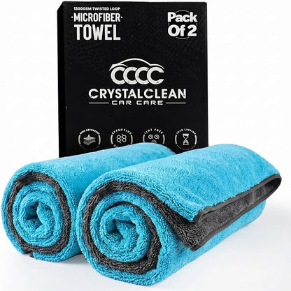 Crystal Clean 1300GSM Microfiber Towels for Cars – XL Drying Towel with Double Twisted Loop, Professional Detailing Towel Car Detailers - Quick Dry, Paint Safe & Swirl-Free (2 Pack Blue)